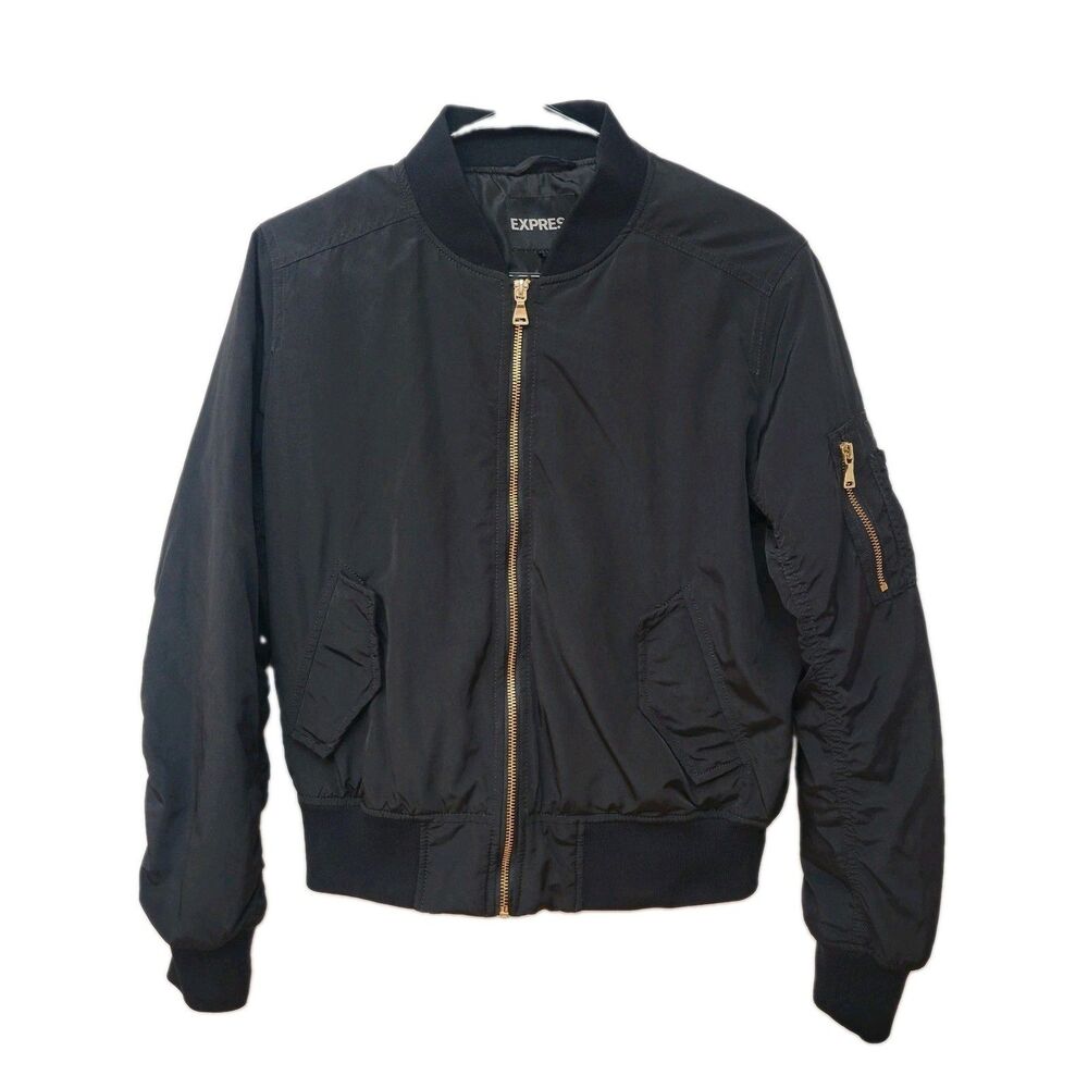 Express Women’s Black Bomber Jacket Size S Gold Zip MA-1 Flight Jacket